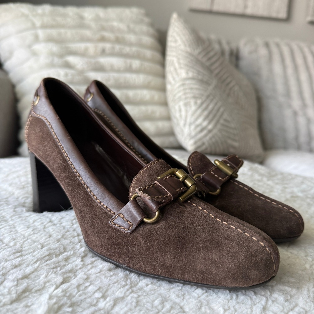 VTG Franco Sarto Brown Suede Leather Block Heel Loafer Pumps Buckle Detail Size8